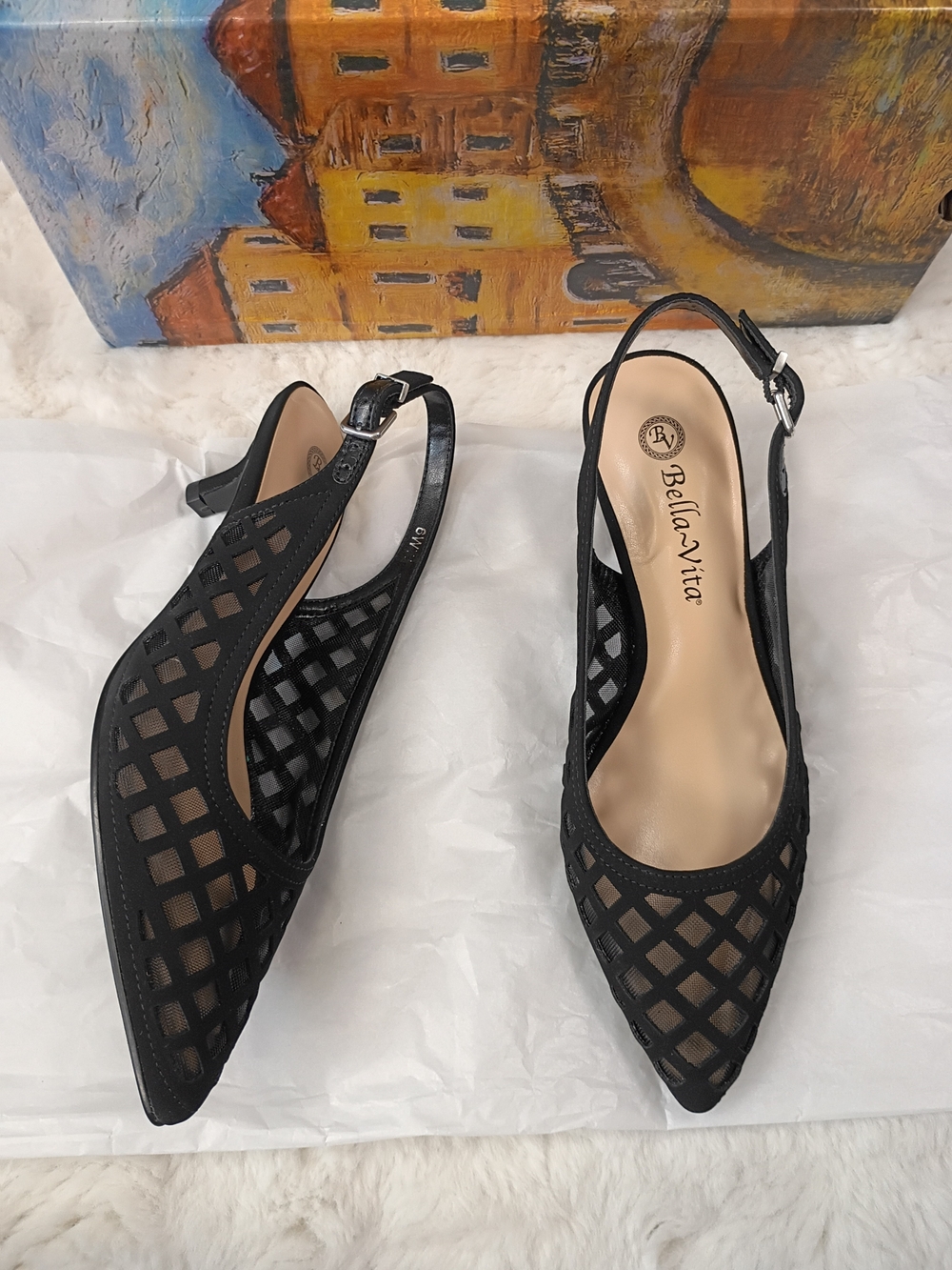 Bella Vita Noel Slingback Kitten Heel Pumps Black Mesh Size 6B